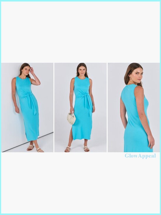 Slim Fit Midi Dress with Tie Waist and Slit, Sleeveless Tank Style for Summer - Picture 7 of 7
